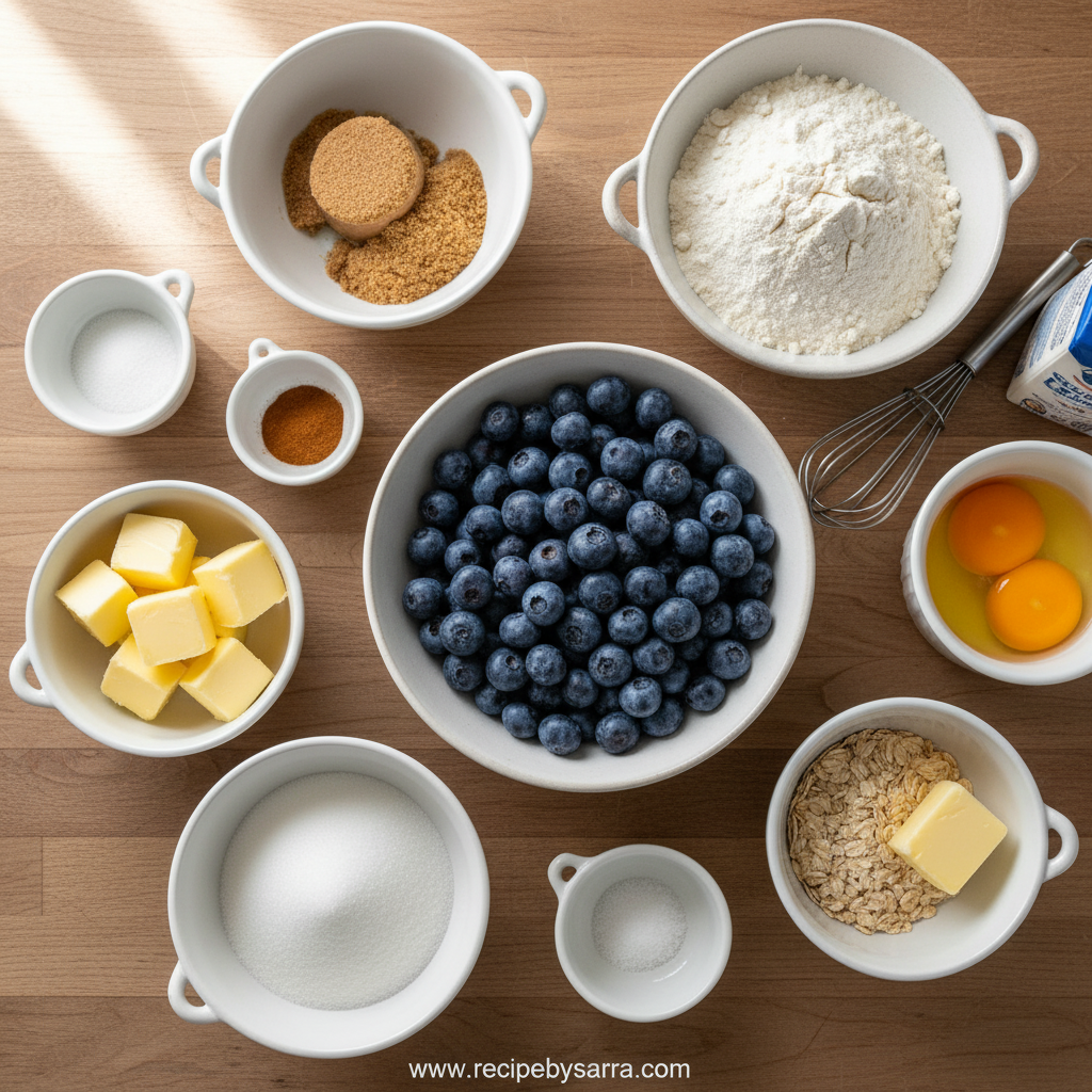 Ingredients for blueberry streusel muffins including flour, blueberries, butter, and spices