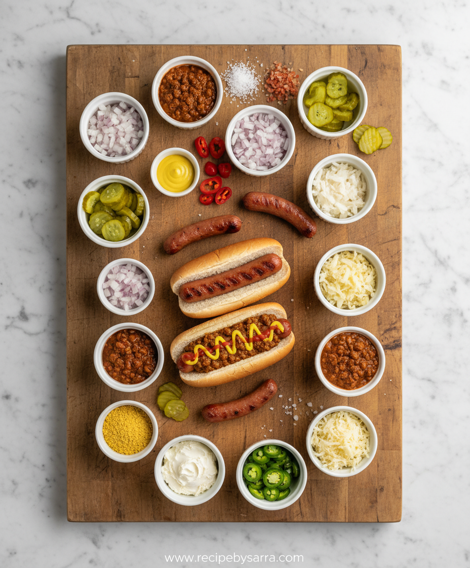 Ingredients and toppings for various regional hot dog styles