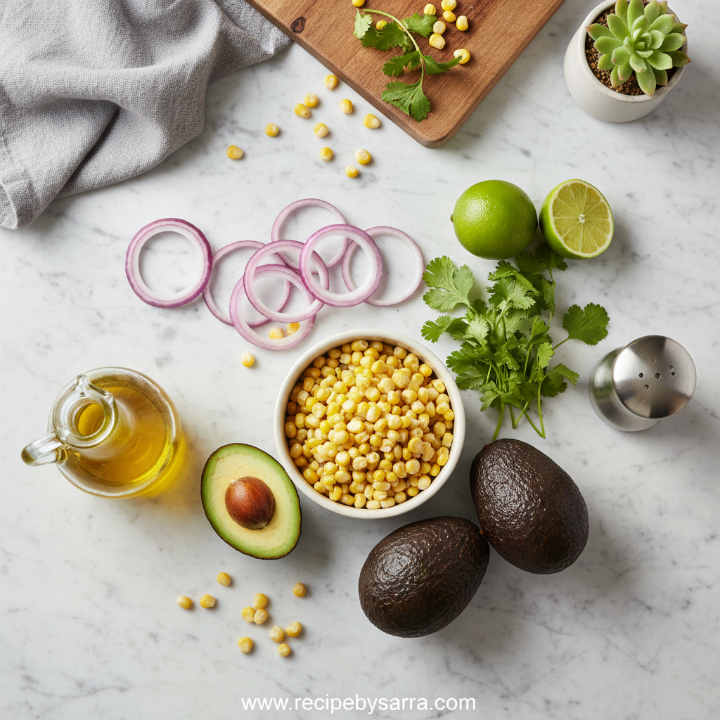 Fresh ingredients for avocado corn salad including corn, avocados, tomatoes, and cilantro