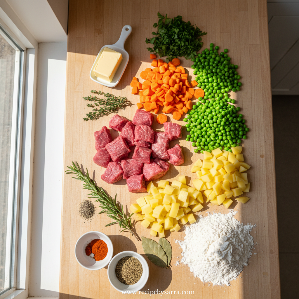 Ingredients for herbed biscuit beef pot pie