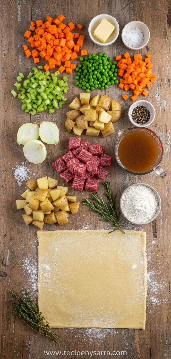 Ingredients for beef pot pie including beef, vegetables, and pastry
