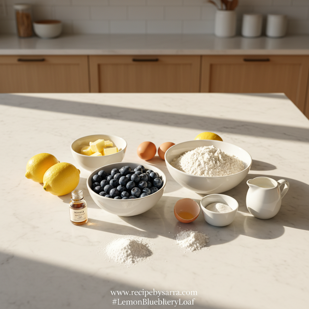 Ingredients for blueberry lemon loaf measured out on counter