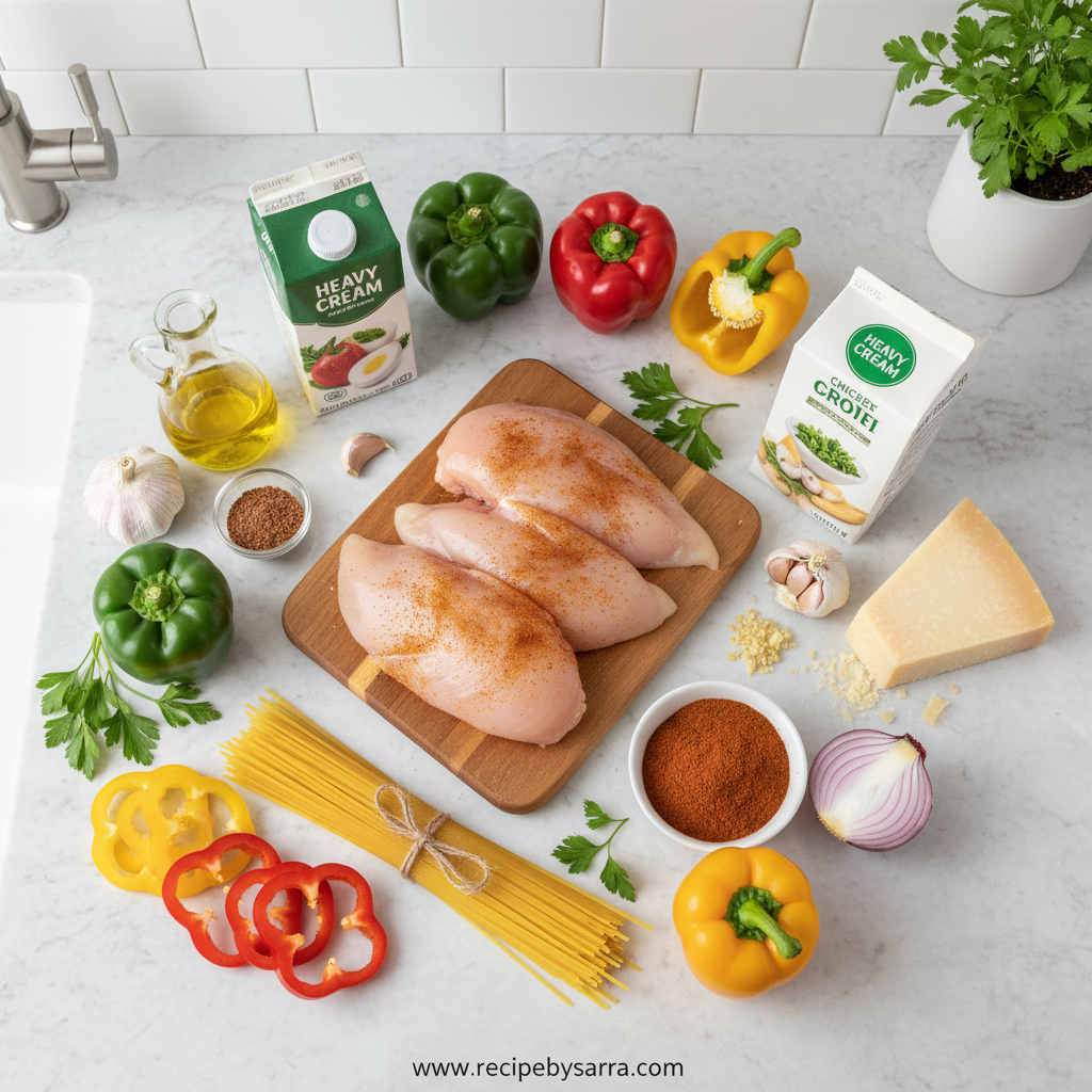 Ingredients for Cajun chicken spaghetti including chicken, pasta, cream, and spices