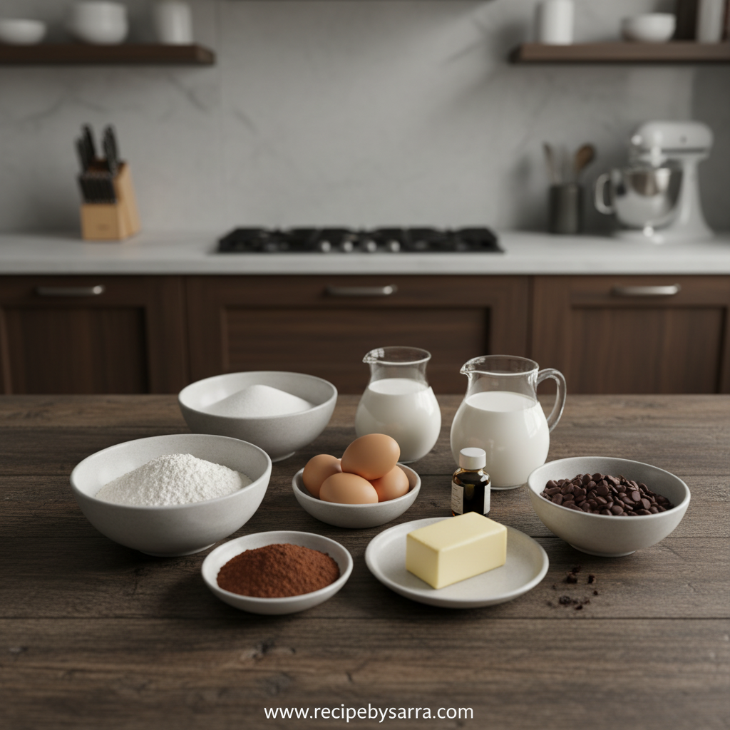 Ingredients for Brick Street Chocolate Cake lined up on counter