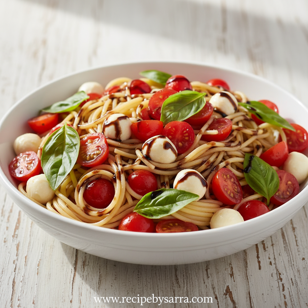 Colorful bruschetta pasta salad with fresh tomatoes, basil and mozzarella cheese