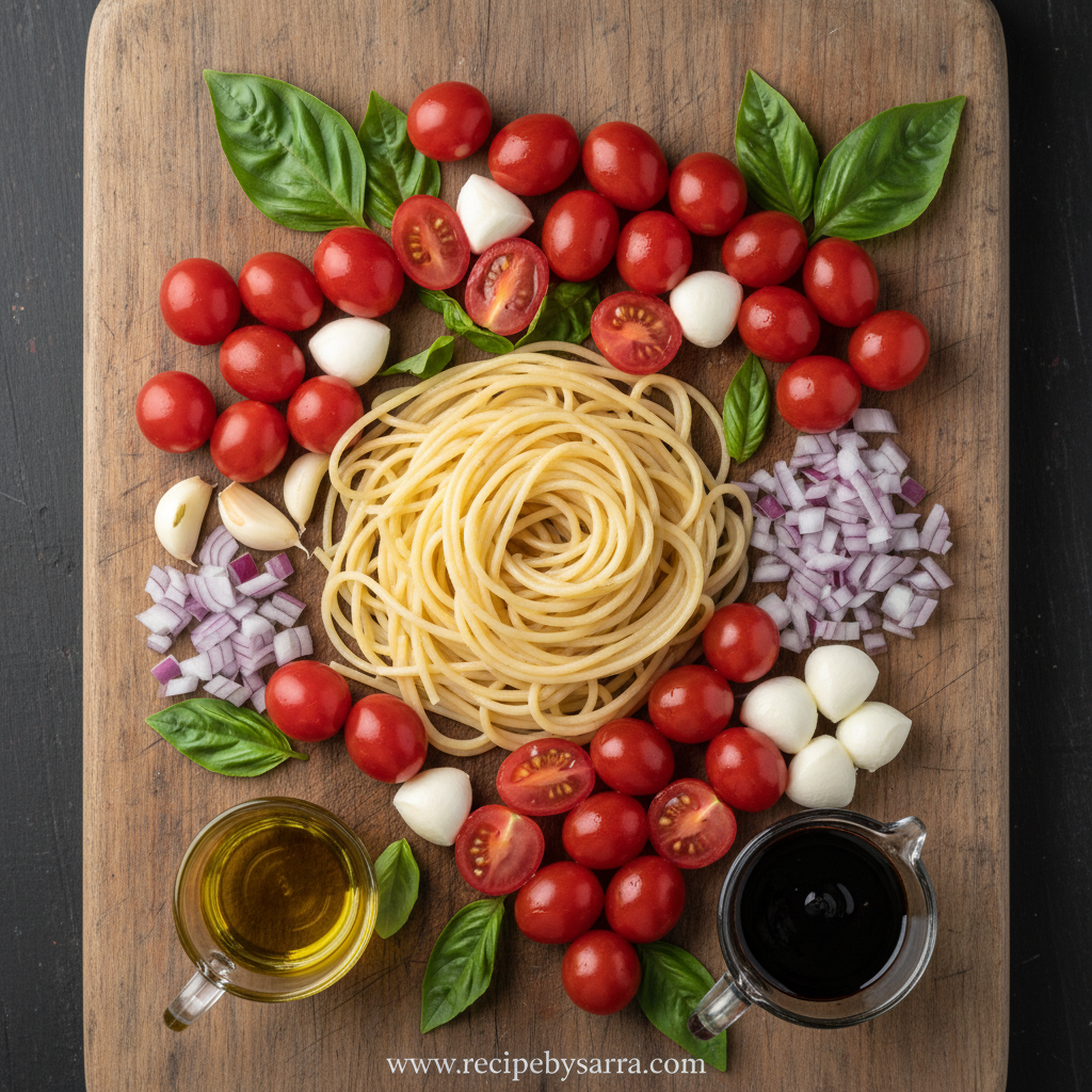 Ingredients for bruschetta pasta salad including pasta, tomatoes, basil, mozzarella and dressing ingredients