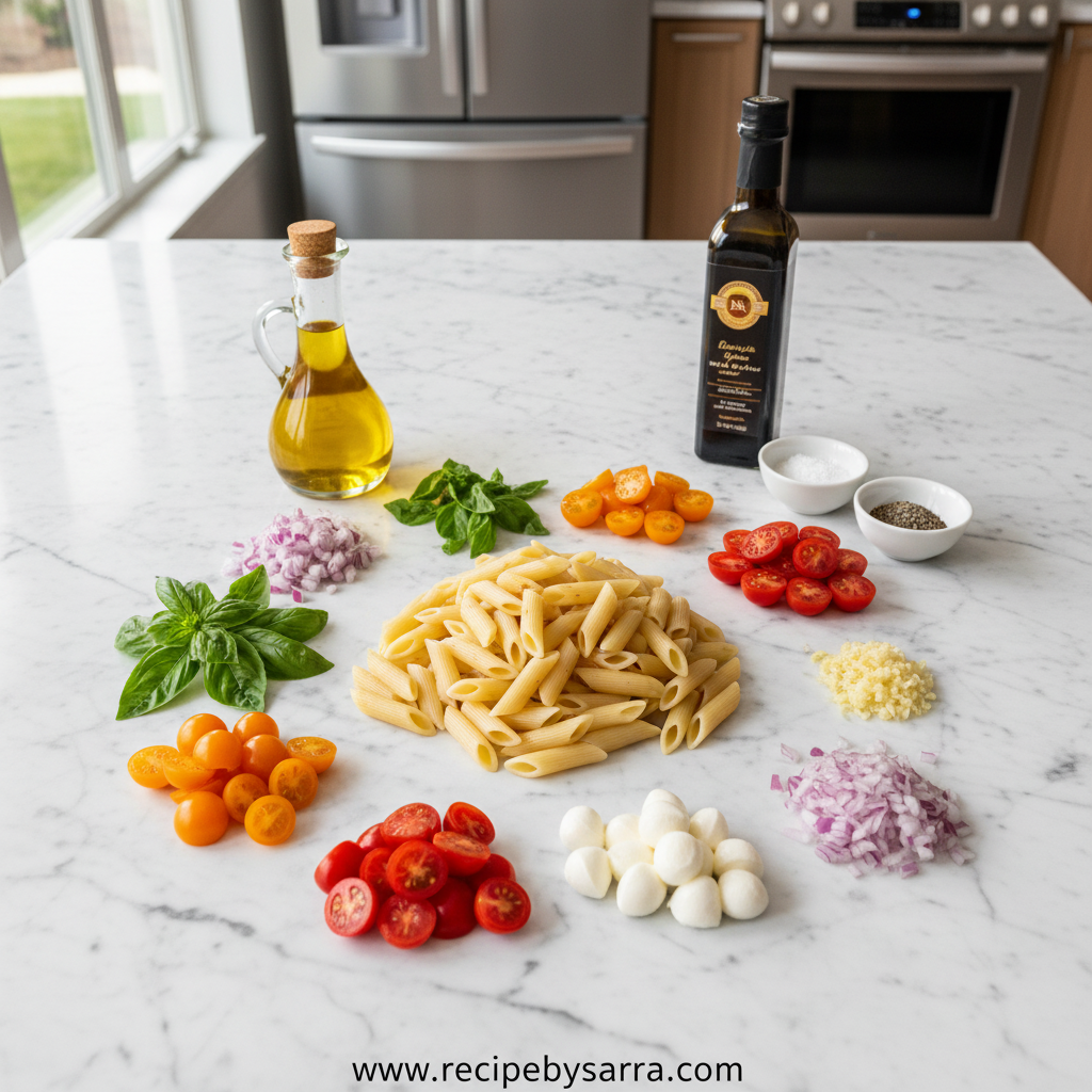 Ingredients for bruschetta pasta salad