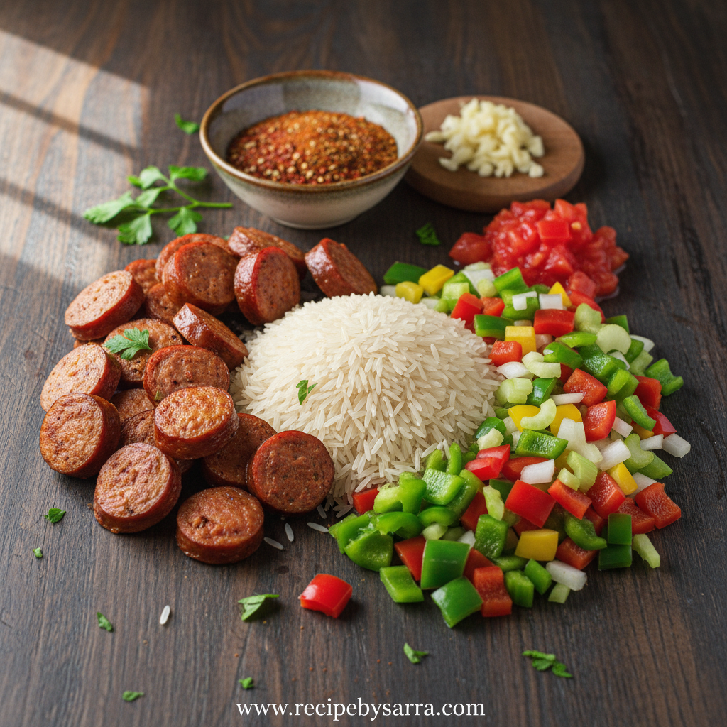 Ingredients for Cajun sausage rice skillet including sausage, rice, bell peppers, and spices