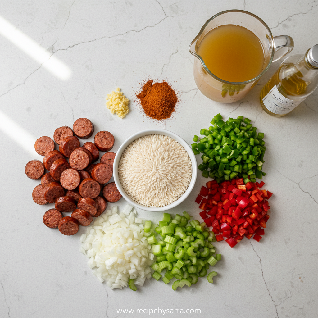 Cajun Sausage Rice Recipe - Spicy One Pan Skillet with Bold Flavor 2 Ingredients for Cajun sausage rice including sausage, rice, bell peppers, and spices