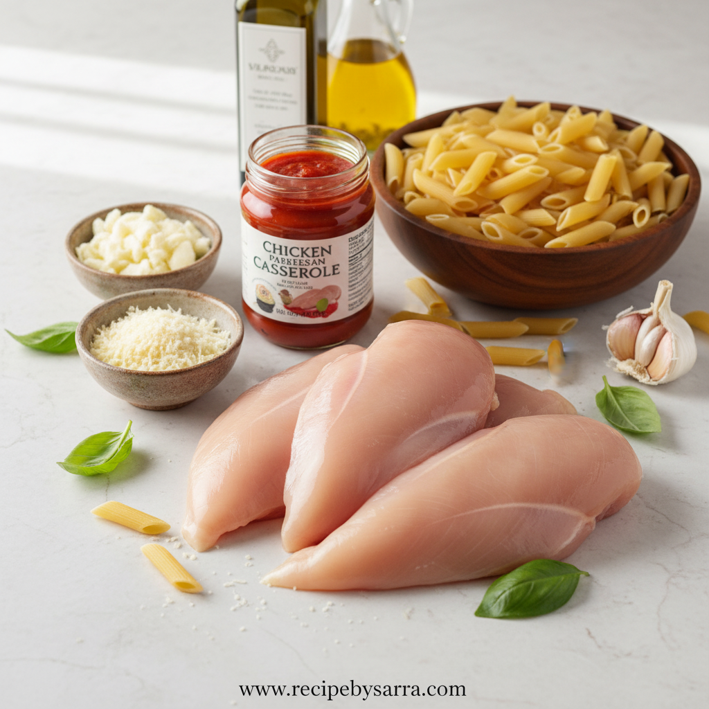 Ingredients for chicken parmesan casserole including chicken, pasta sauce, mozzarella, and seasonings