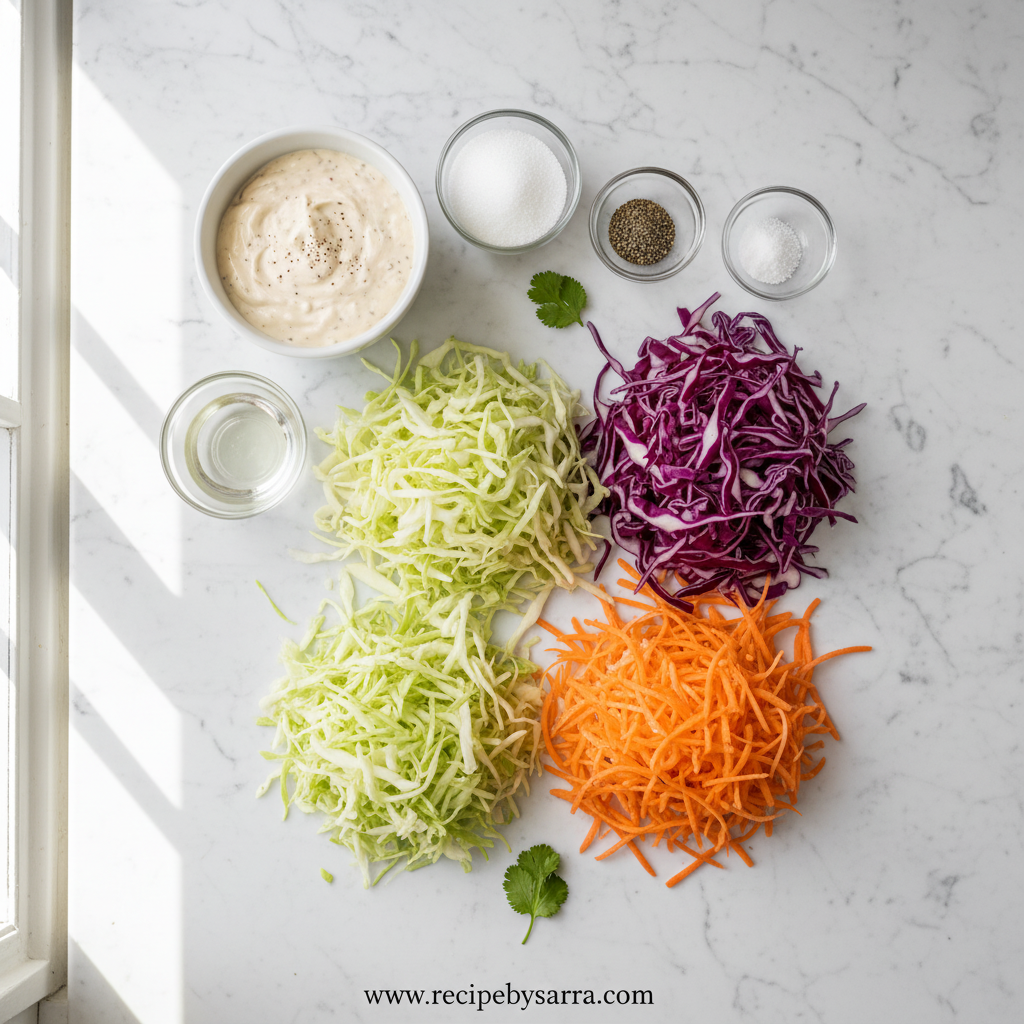 Fresh ingredients for homemade coleslaw including cabbage, carrots, and dressing components