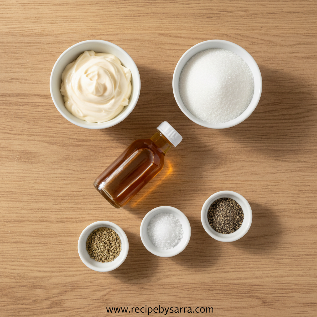 Ingredients for sweet tangy coleslaw dressing including mayonnaise, vinegar, sugar, and spices