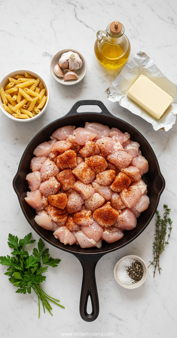 Smoky Garlic Butter Chicken Pasta - Easy One Pan Comfort Food Dinner 2 Ingredients for smoky garlic butter chicken pasta displayed on kitchen counter