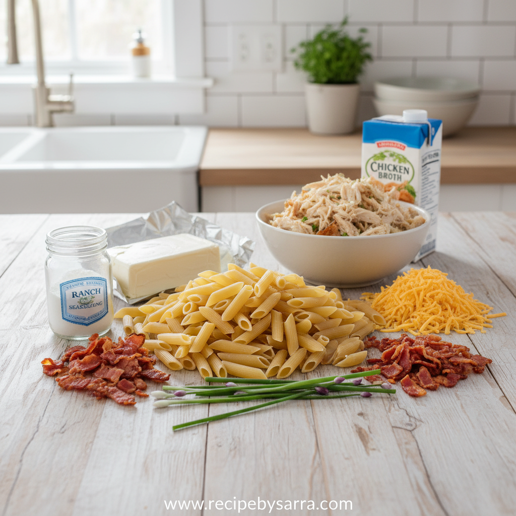 Ingredients for creamy chicken penne pasta including chicken, cream cheese, pasta, and seasonings