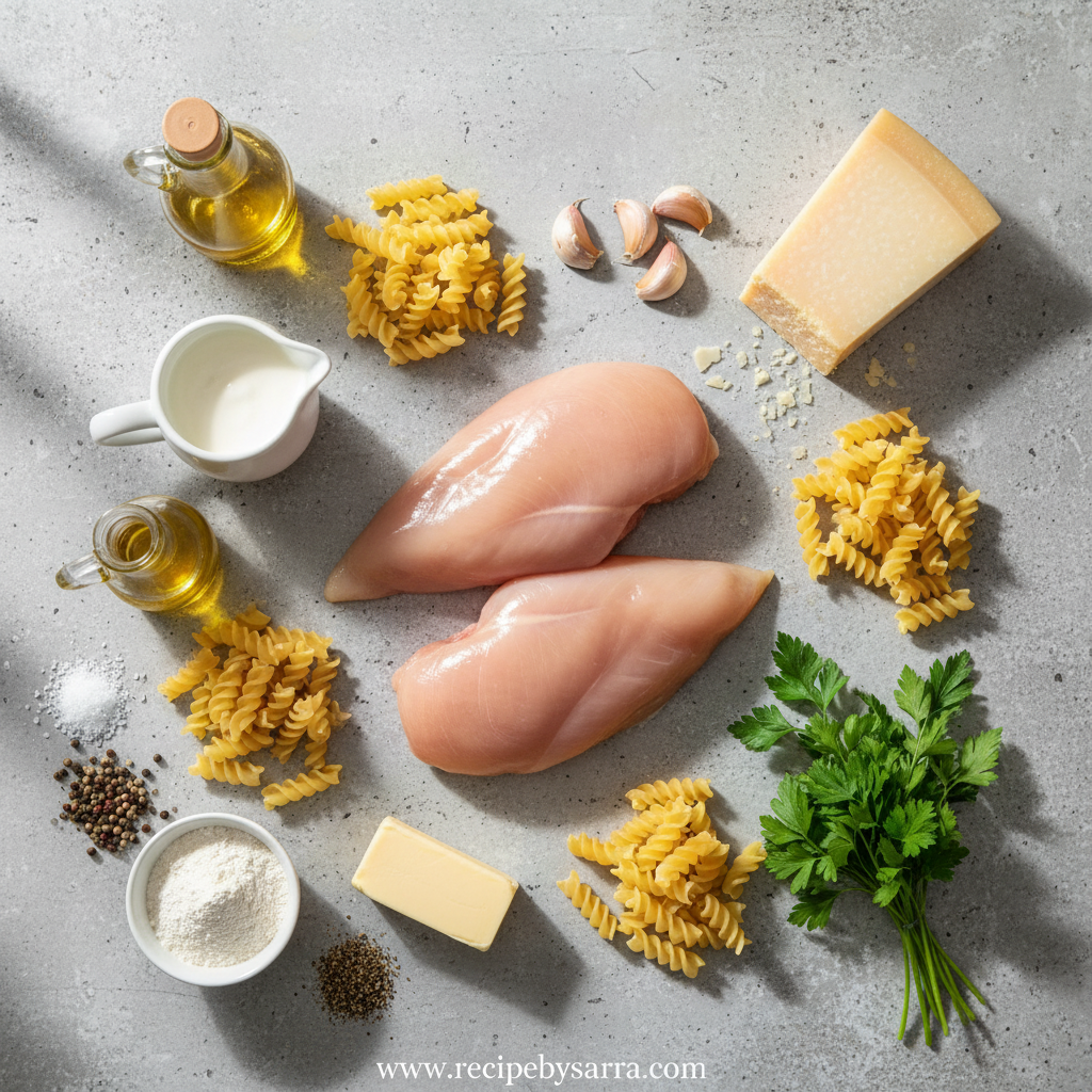 Ingredients for garlic parmesan chicken pasta