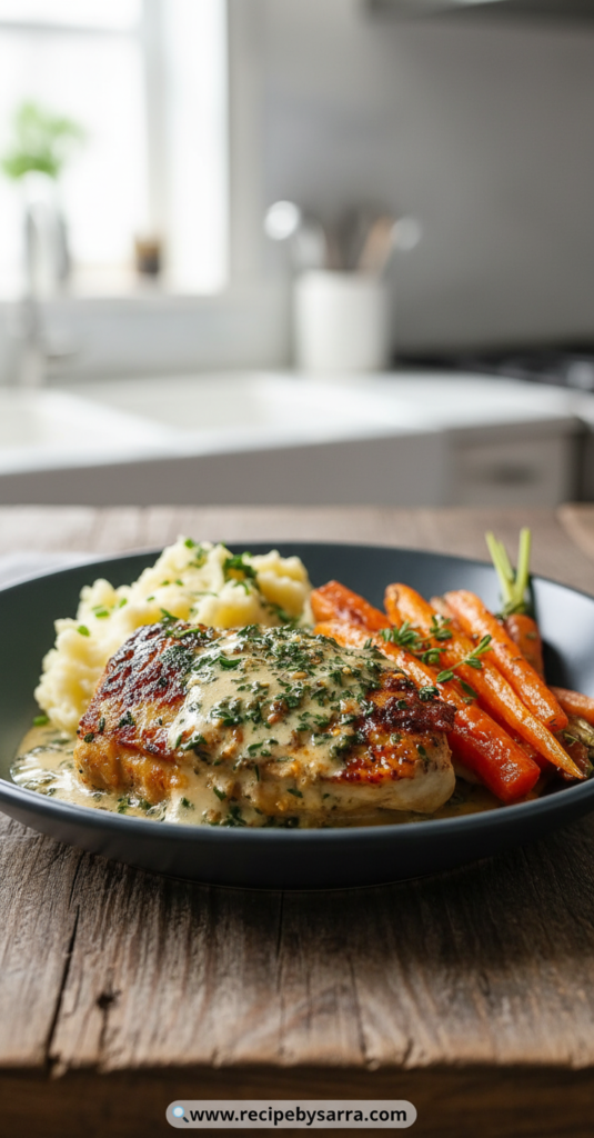 creamy-herb-chicken-with-mashed-potatoes---honey-glazed-carrots-dinner_feature