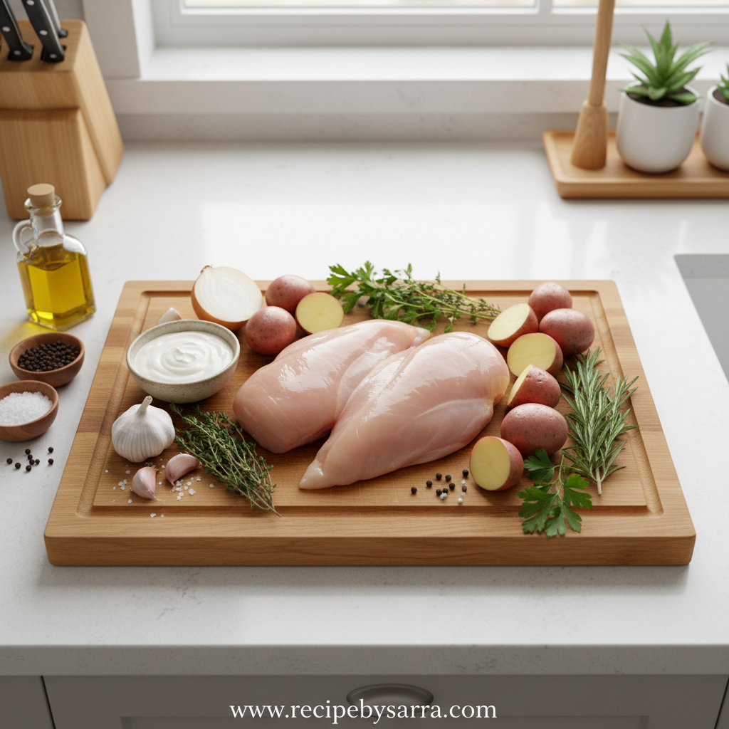 Creamy Herb Chicken with Roasted Potatoes - Elegant Weeknight Dinner 2 Ingredients for creamy herb chicken and roasted potatoes