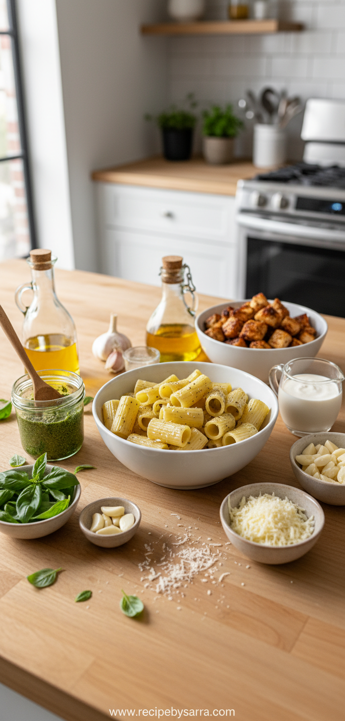 Fresh ingredients for pesto chicken pasta bake including pasta, chicken, pesto sauce, and vegetables