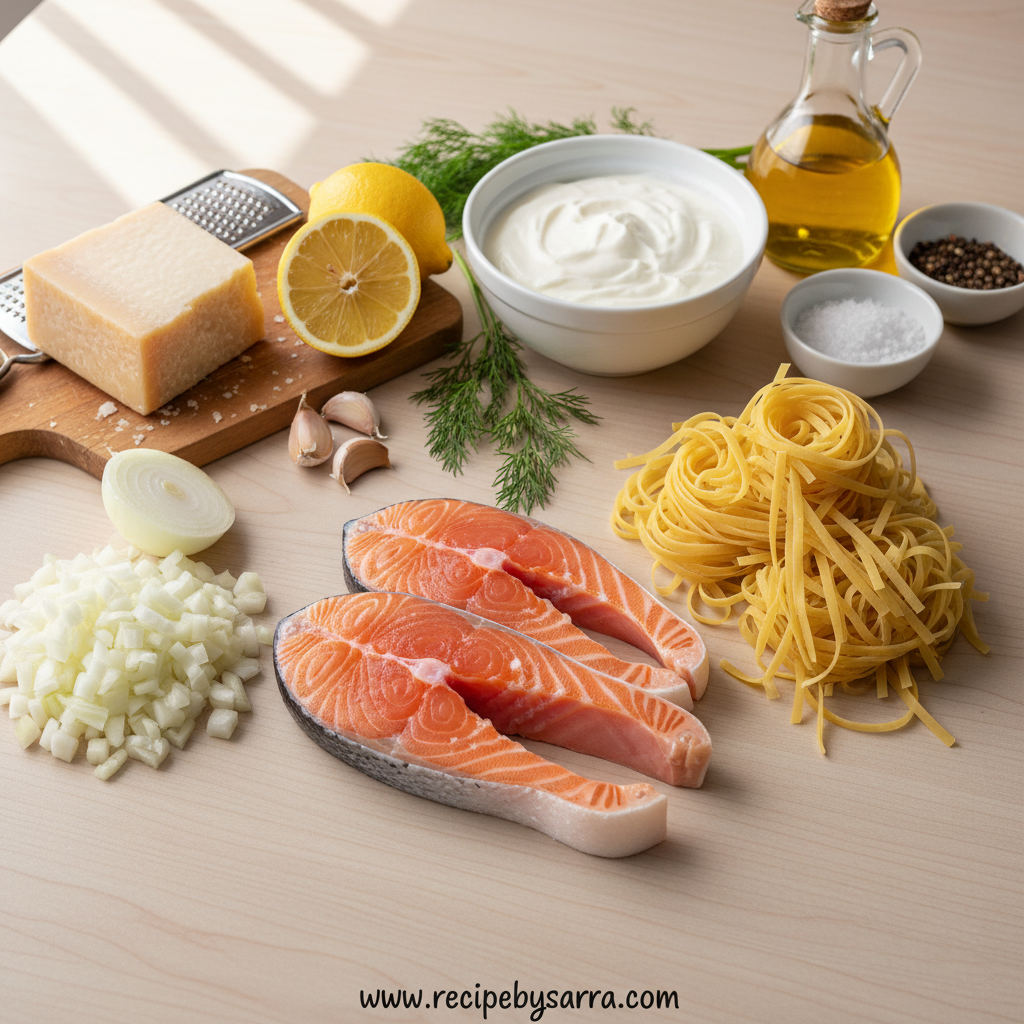 Creamy Salmon Pasta Recipe - Easy One-Pot Weeknight Dinner 2 Ingredients for creamy salmon pasta lined up on counter
