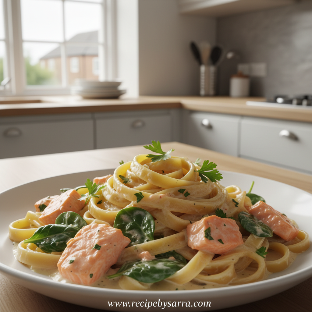 Creamy Salmon Pasta with Mixed Greens - Alfredo Style Quick Weeknight Dinner 1 Creamy salmon pasta with mixed greens served in a white bowl