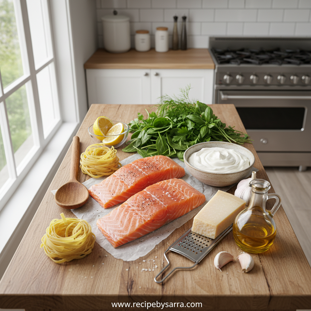 Creamy Salmon Pasta with Mixed Greens - Alfredo Style Quick Weeknight Dinner 2 Ingredients for creamy salmon pasta with mixed greens laid out on counter