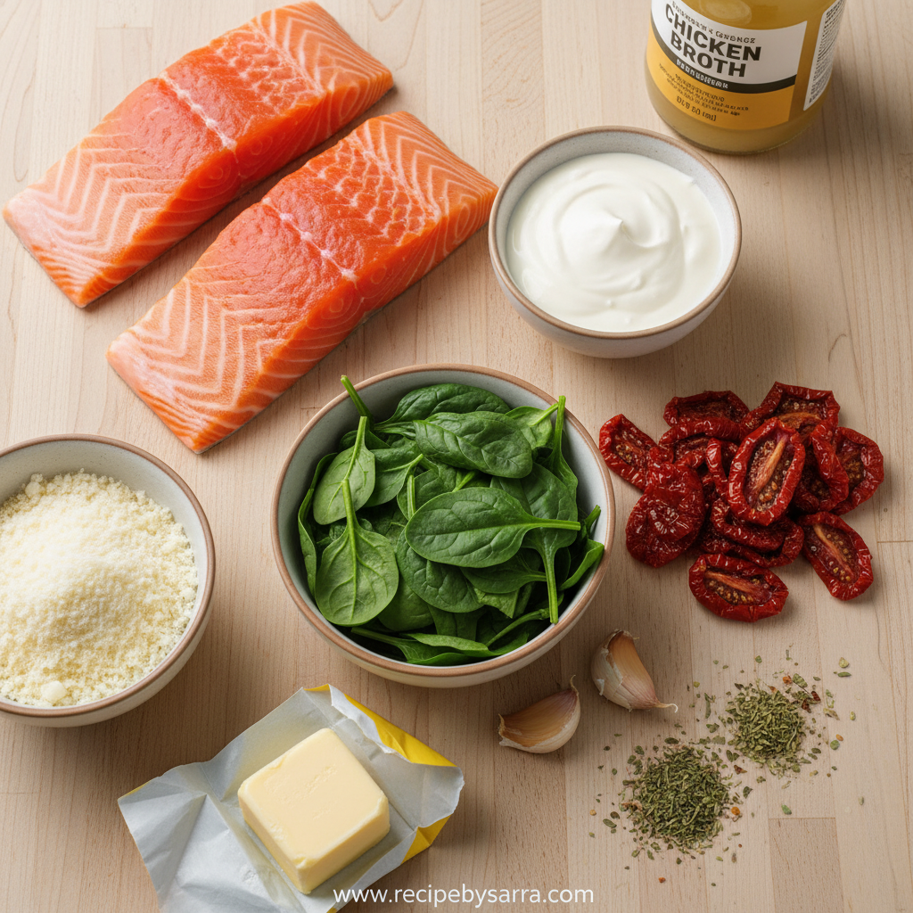 Ingredients for creamy Tuscan salmon including salmon, spinach, and sun-dried tomatoes
