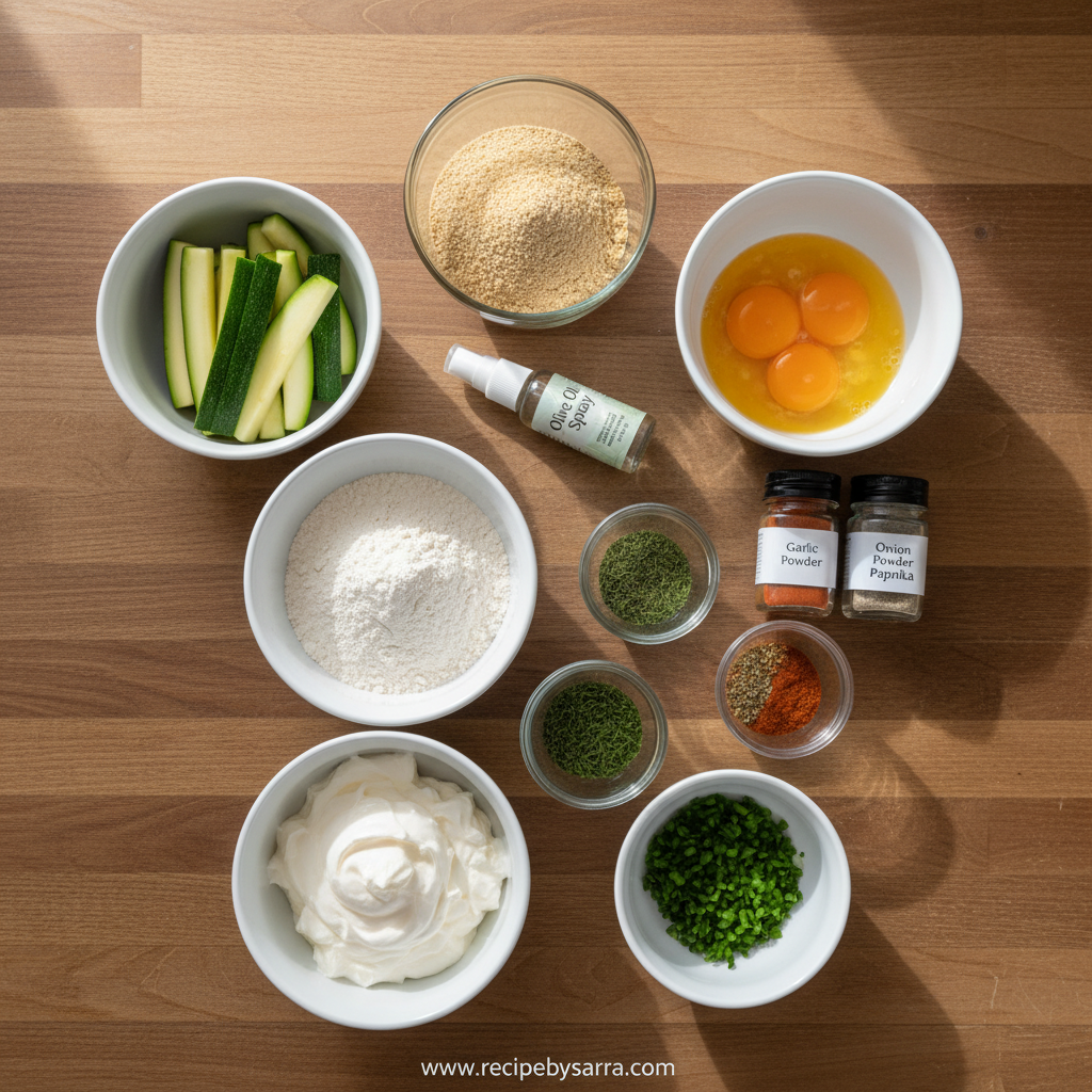 Ingredients for zucchini fries and ranch dip including zucchini, panko, parmesan, and seasonings