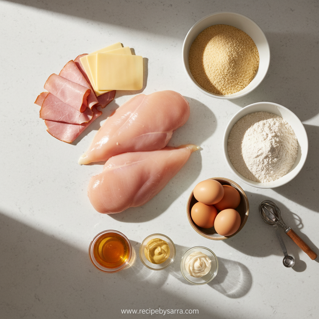 Ingredients for Malibu Chicken including chicken breasts, smoked turkey, Swiss cheese, breadcrumbs and honey mustard sauce components
