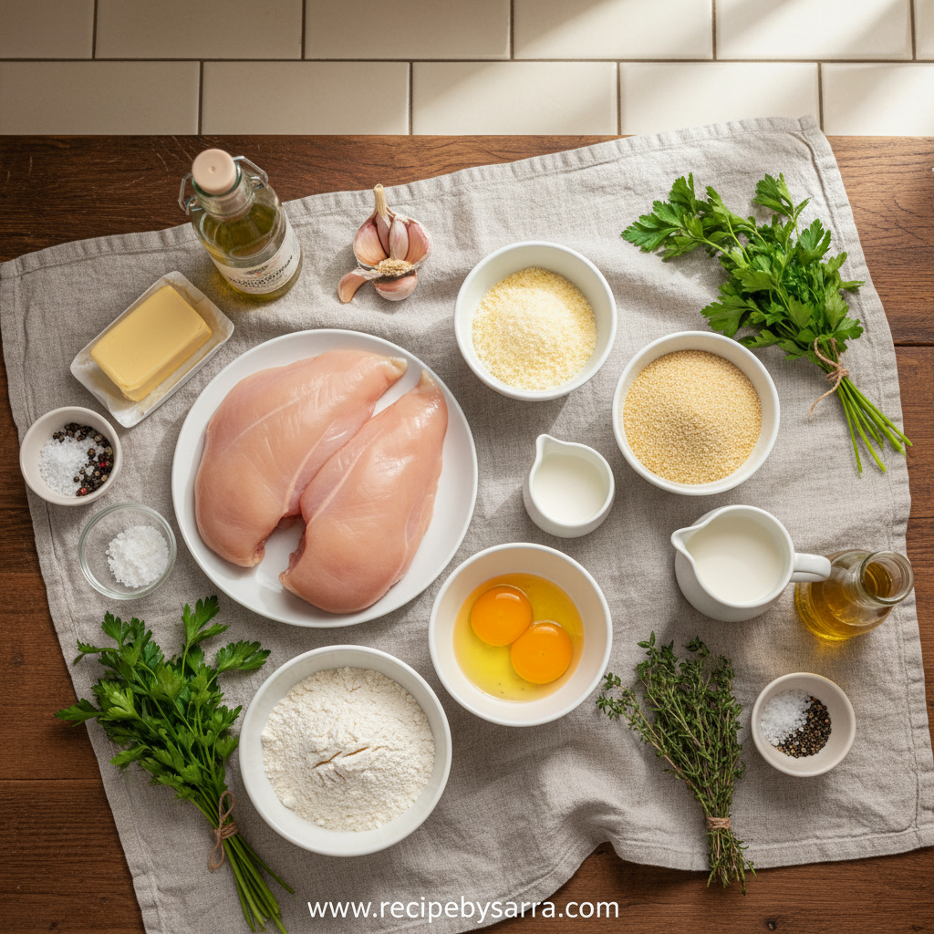 Ingredients for crispy Parmesan chicken with garlic sauce displayed on counter
