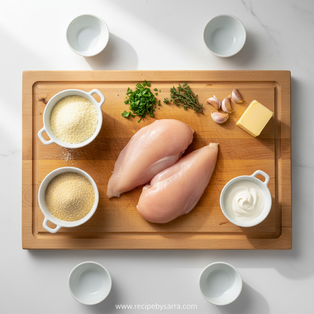 Ingredients for crispy Parmesan chicken with garlic sauce displayed on counter