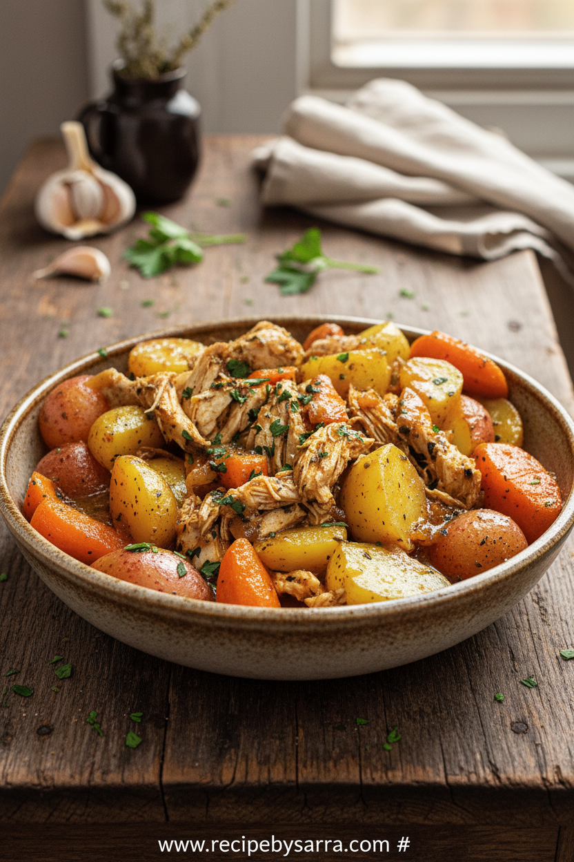 Crock Pot Garlic Butter Chicken with Potatoes and Carrots - Easy Slow Cooker Dinner 1 Crock pot garlic butter chicken with potatoes and carrots ready to serve