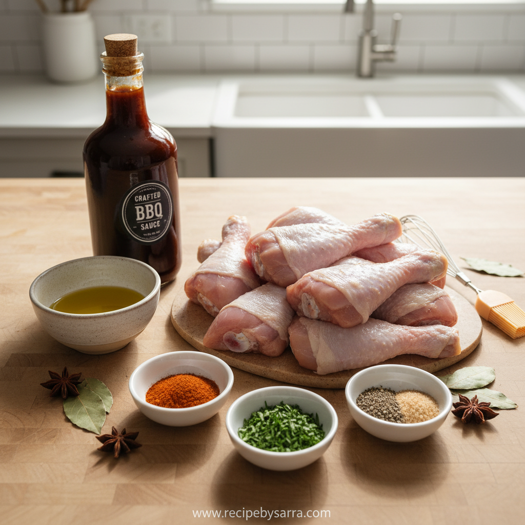 Ingredients for baked BBQ chicken drumsticks including chicken, spices, and barbecue sauce