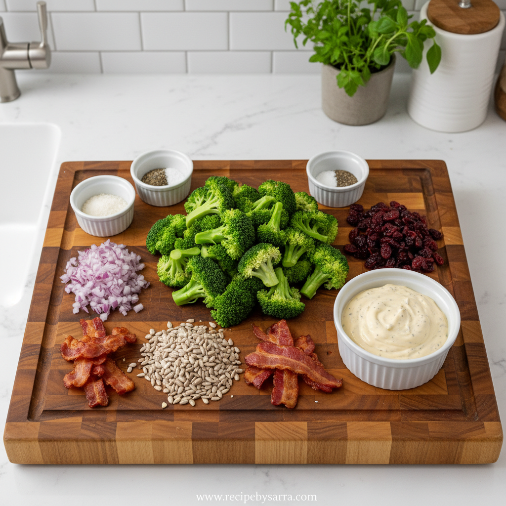 Ingredients for healthy broccoli salad including broccoli, Greek yogurt, cranberries, and sunflower seeds