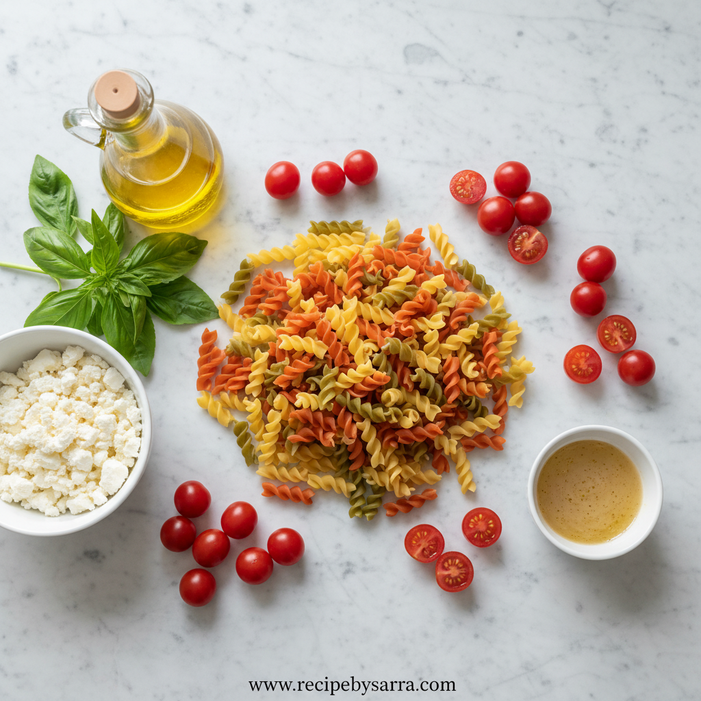Fresh ingredients for pasta salad including tomatoes, basil, pasta, olive oil, and vegetables