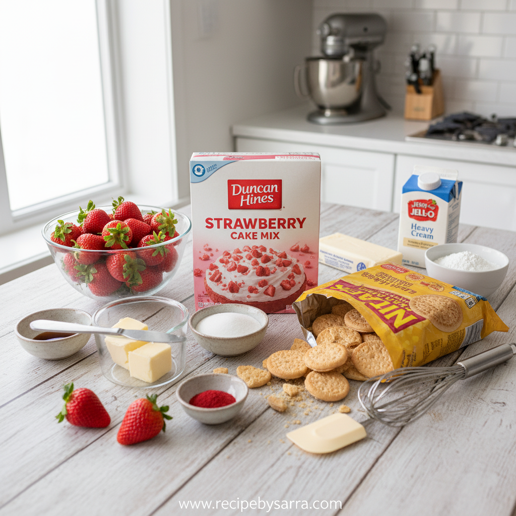 Ingredients for strawberry crunch cake including flour, sugar, strawberries, and golden cookies