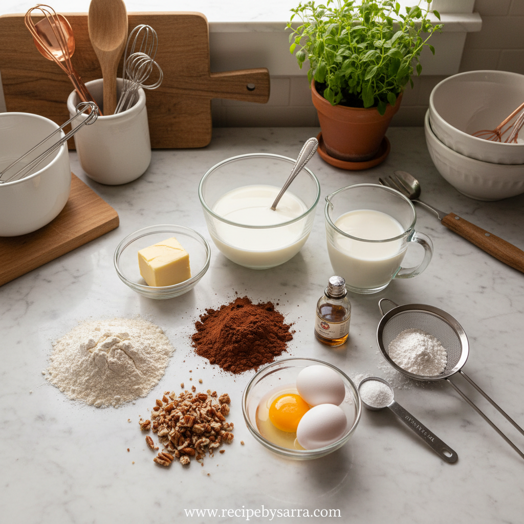 Ingredients for Texas sheet cake including flour, cocoa powder, butter, and sugar