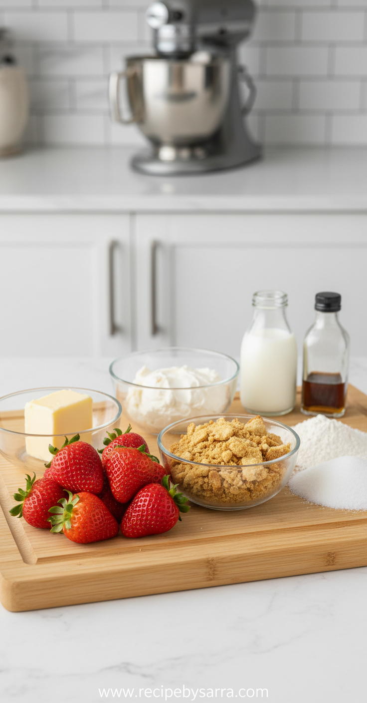 Ingredients for strawberry crunch cake including flour, strawberries, sugar, and vanilla