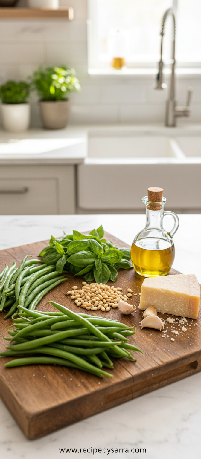 Fresh ingredients for pesto green beans including basil, green beans, garlic, and Parmesan