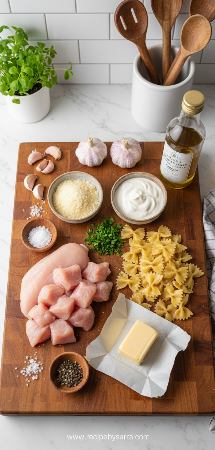 Ingredients for garlic butter chicken pasta including chicken, bowtie pasta, garlic, butter, and seasonings