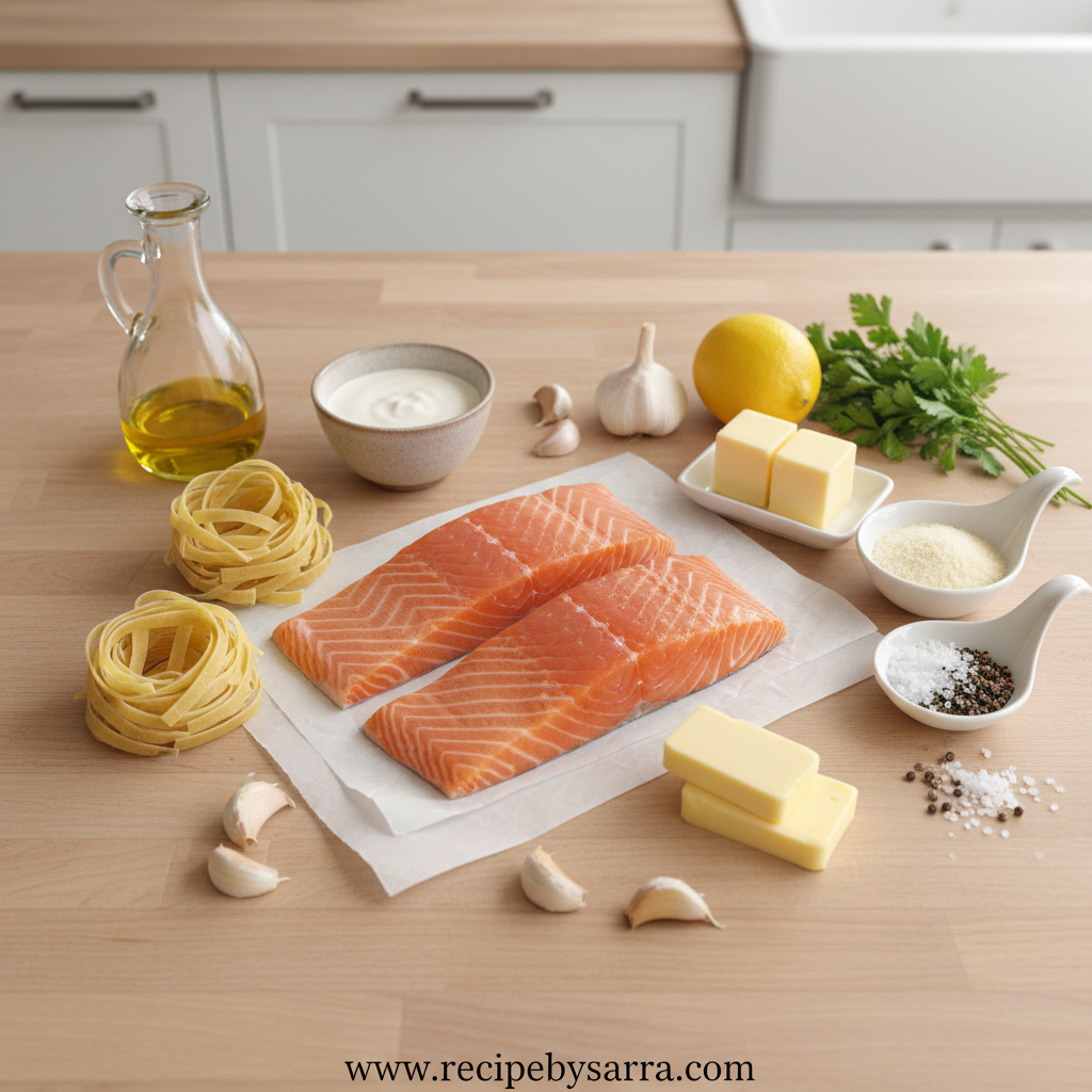 Fresh ingredients for garlic butter salmon pasta