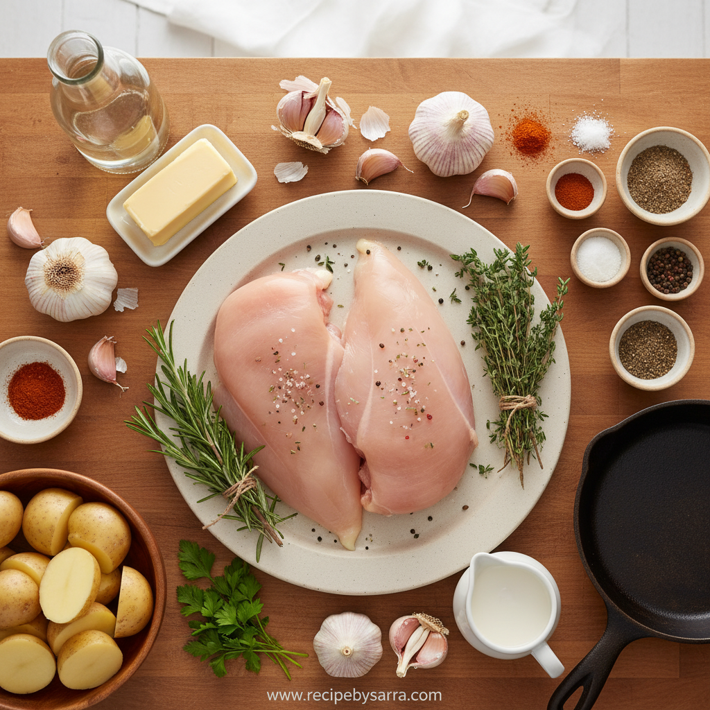 Ingredients for garlic herb chicken and mashed potatoes