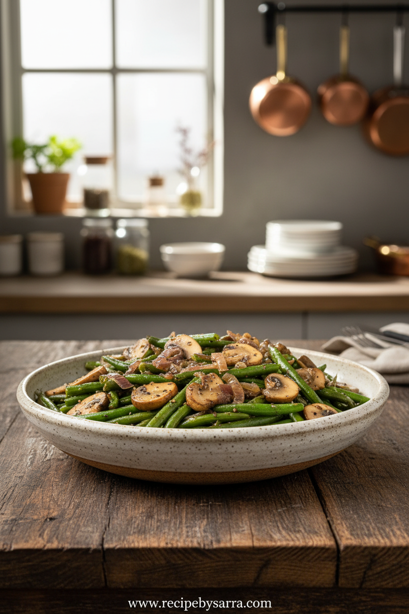Sautéed green beans with mushrooms in garlic butter sauce