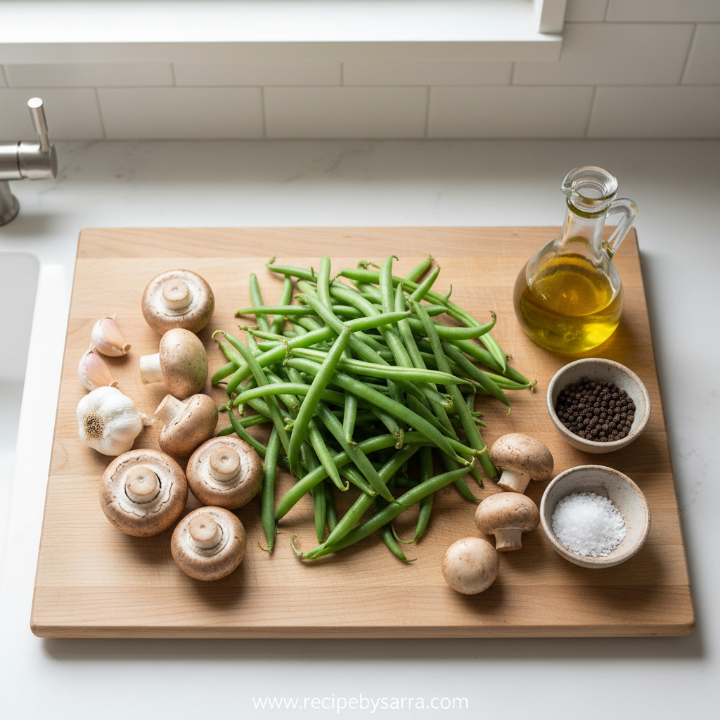 Fresh ingredients for green beans and mushrooms recipe