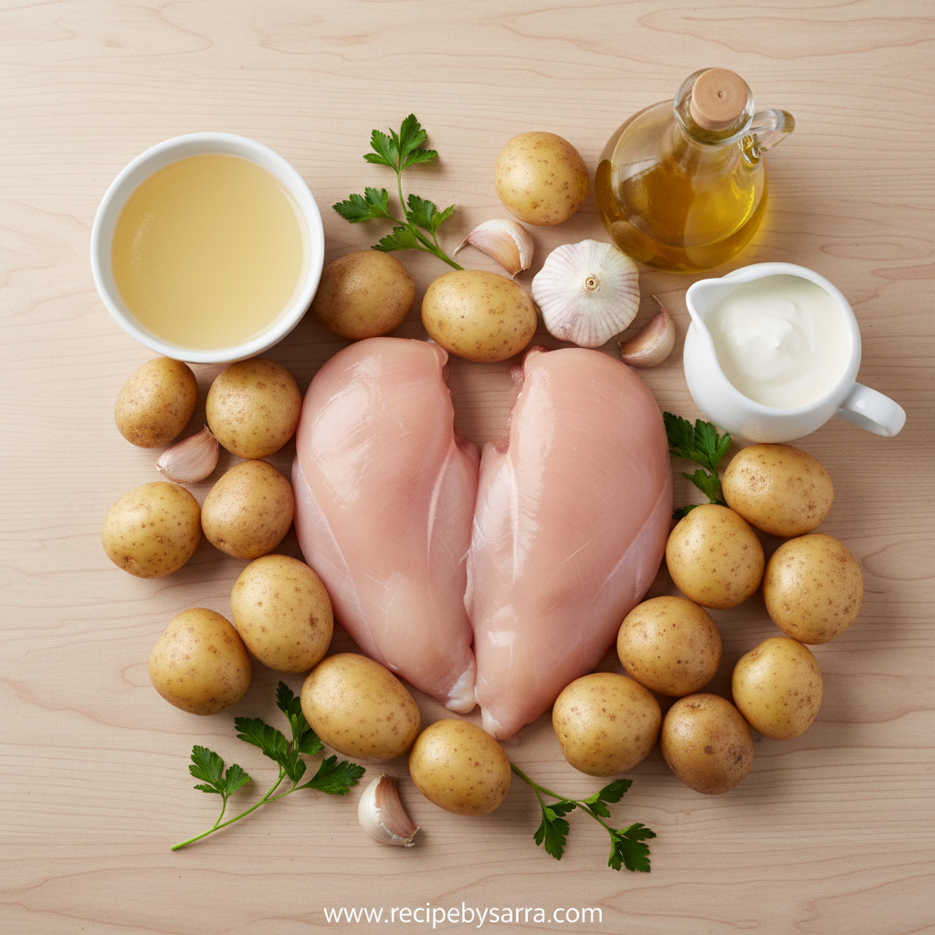 High Protein Creamy Garlic Chicken with Crispy Roasted Potatoes 2 Ingredients for creamy garlic chicken and crispy potatoes