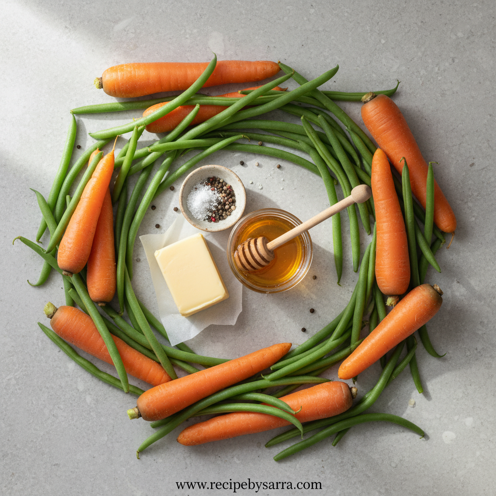 Fresh ingredients for honey glazed carrots and green beans