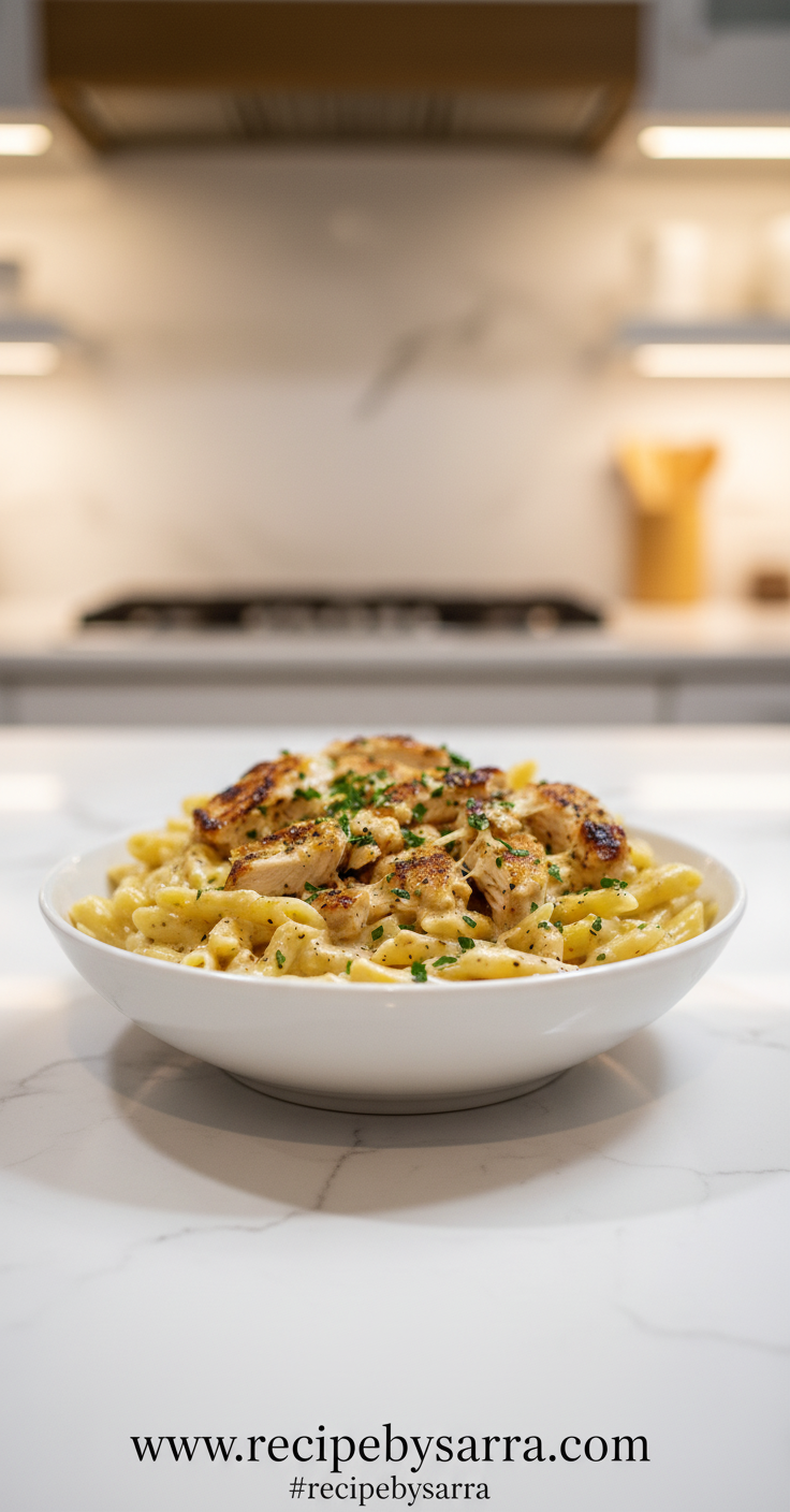 Creamy rotisserie chicken pasta with parsley garnish