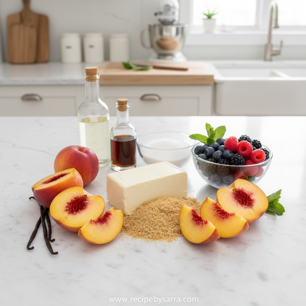 Ingredients for peach cobbler cheesecake salad including cream cheese and fresh peaches