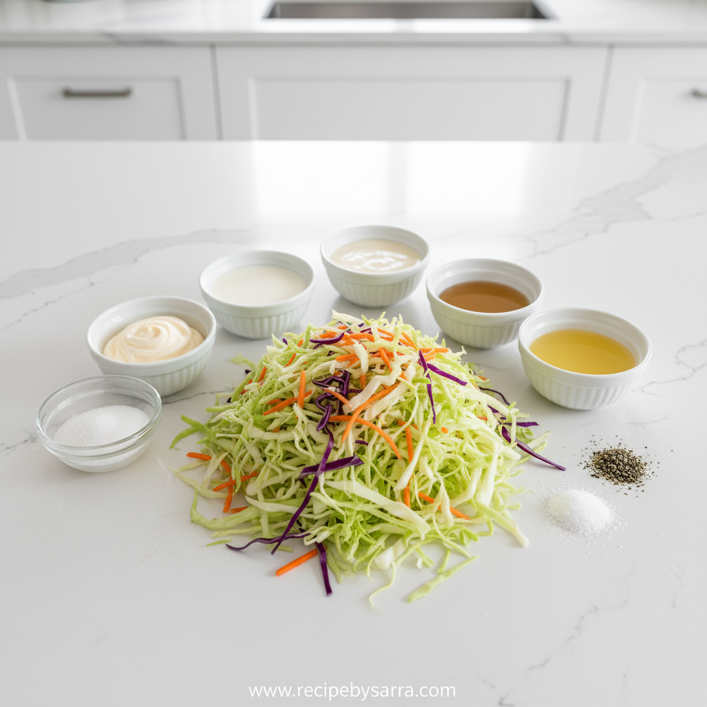 Ingredients for KFC coleslaw copycat recipe - cabbage, carrots, mayonnaise, vinegar