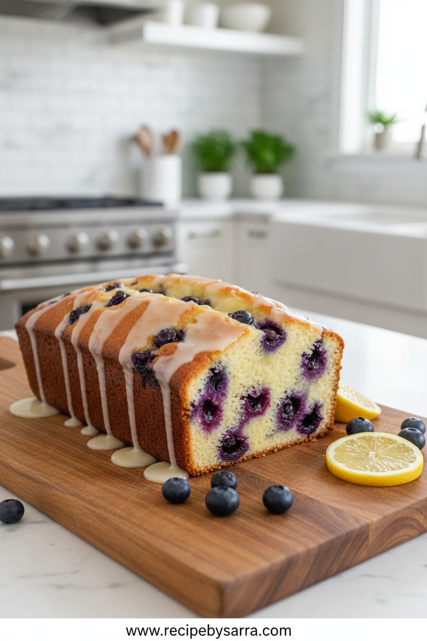 Beautiful lemon blueberry loaf with lemon glaze drizzle
