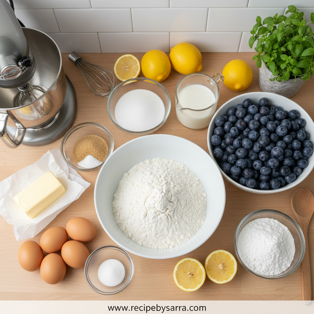 Ingredients for lemon blueberry loaf recipe